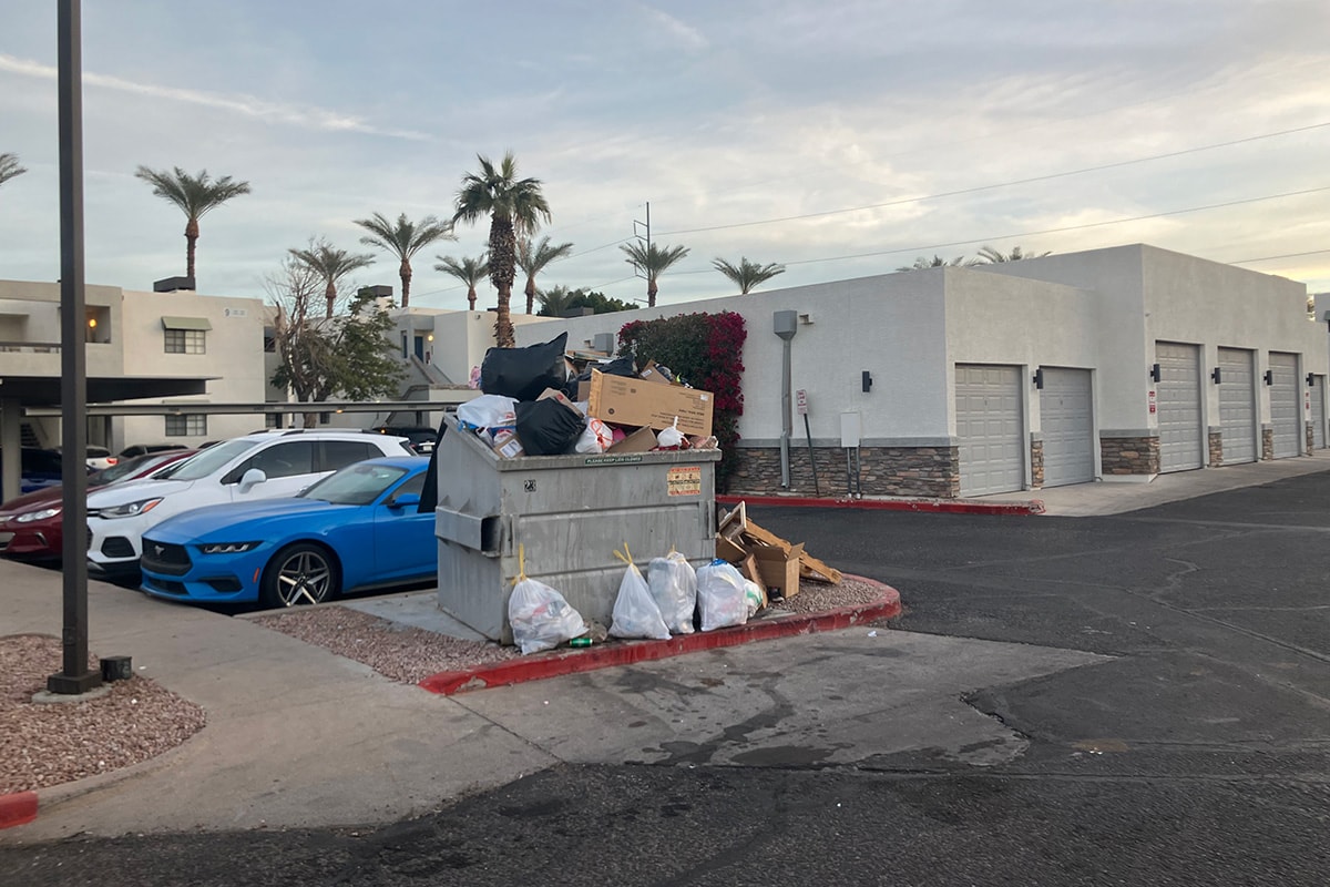 Overflowing dumpster with trash bags before cleanout