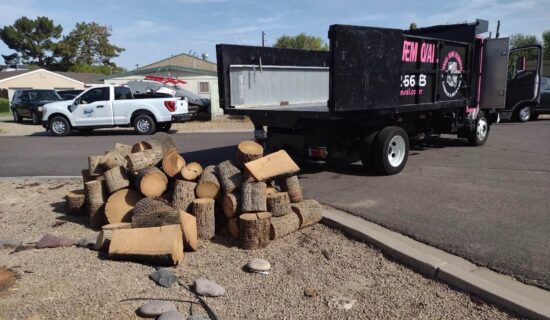 A truck unloading firewood logs in a residential area. A truck unloading firewood logs in a residential area.