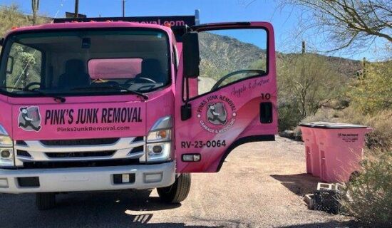 Pink junk removal truck with pink dumpster Pink junk removal truck with pink dumpster